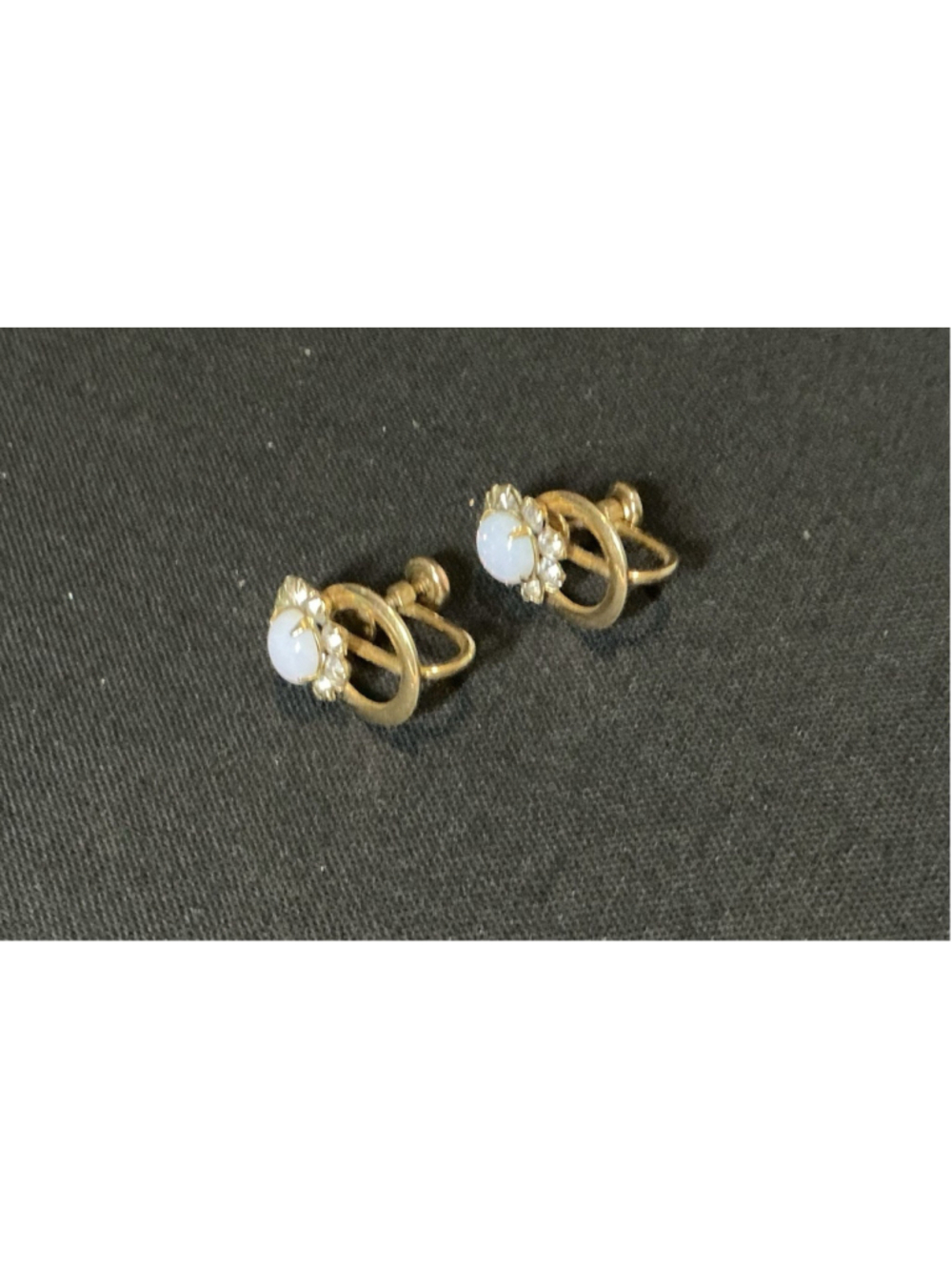 Vintage Signed 12k Gold Filled Faux Moonstone Rhinestone Earrings Screw On.